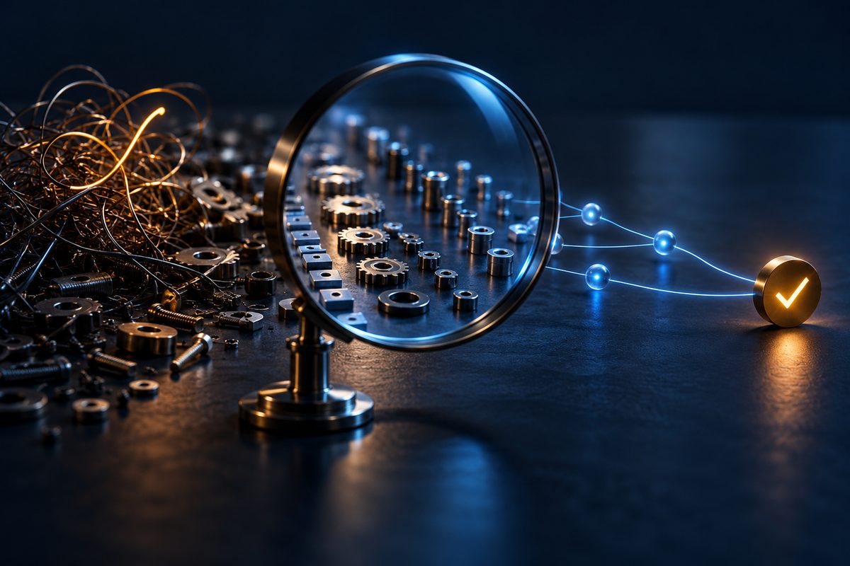 Scattered pieces of a problem are examined through a magnifier and end in a completed check mark