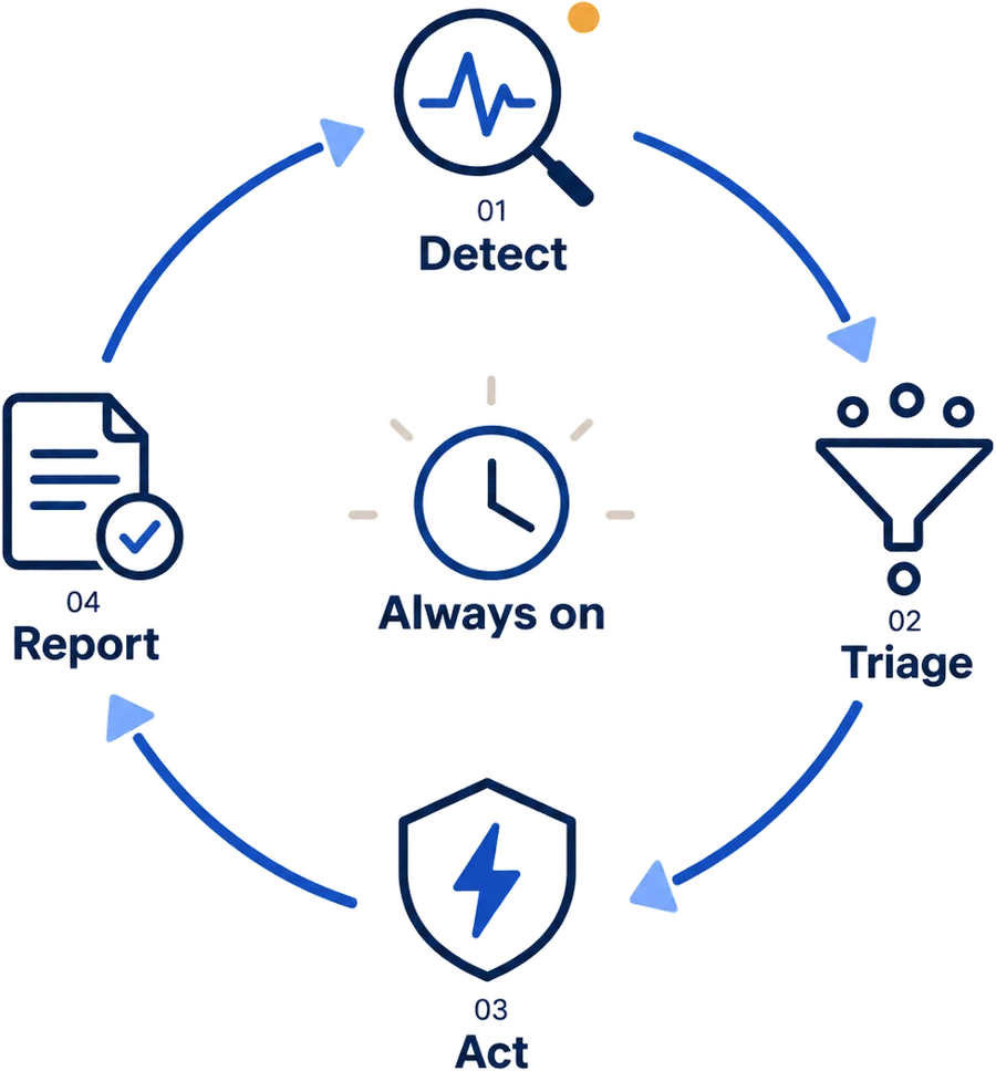 Detect, triage, act and report: a four-step loop that repeats, with an always-on clock at the centre.